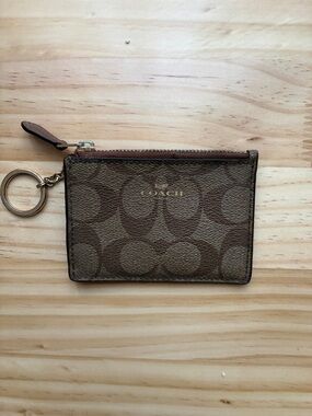 COACH Mini Skinny ID Case Walnut Brown Tan Signature Canvas Keychain Wallet